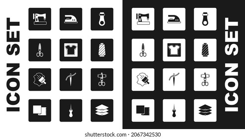 Set Zipper, Sewing pattern, Scissors, machine, thread on spool, Electric iron,  and Leather icon. Vector