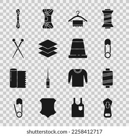 Set Zipper, Sewing thread, Safety pin, Hanger wardrobe, Layers clothing textile, Knitting needles, Yarn and Thimble for sewing icon. Vector