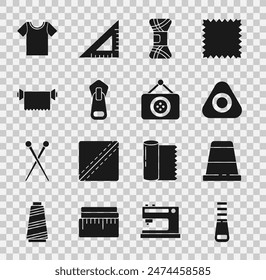Set Zipper, Thimble for sewing, Sewing chalk, Yarn, Textile fabric roll, T-shirt and Tailor shop icon. Vector