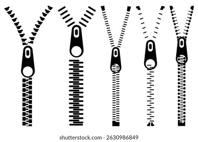 Set of zipper tool icon vector. Closed and open zip icon set. Icon for fashion cloth, embroidery and textile symbol, fastener, sewing tools for clothes and bags. Vector illustration.