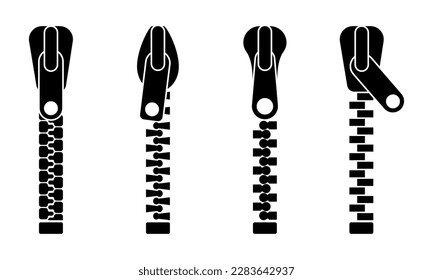 Set of zipper vector icons set. Black silhouette with closed zipper. Closure fastener.