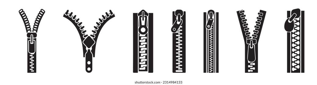 Set of zipper vector icons set. Black silhouette with closed zipper. Closure fastener.EPS 1o