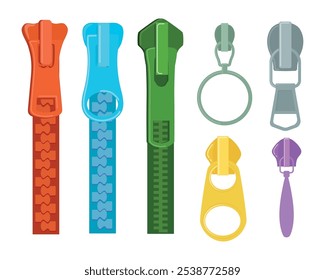 Set of zippers and fasteners for clothes in cartoon style. Vector illustration of a zipper on colored bases: orange, blue, green and fasteners of different shapes isolated on a white background.