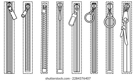 set zippers flat sketch vector illustration technical cad drawing template