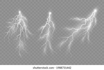 Set of zippers, thunderstorm and lightning, the effect of lightning and lighting, symbol of natural strength or magic, light and shine, abstract, electricity and explosion, vector illustration, eps 10