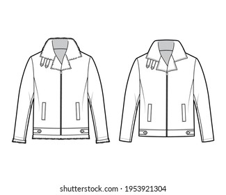 Set of Zip-up Bombers leather jacket technical fashion illustration with tabs, oversize, thick collar, long sleeves, welt pockets. Flat coat template front white color. Women men unisex top CAD mockup