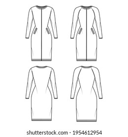 Set of Zip-up dress cardigans Sweater technical fashion illustration with rib crew neck, fitted body, knit trim, pockets. Flat jumper apparel front, back, white color. Women, men unisex CAD mockup