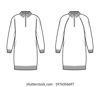 Set of Zip-up dresses Sweaters technical fashion illustration with rib henley neck, classic collar, long raglan sleeves, oversized, knit trim. Flat apparel front, back, white color. Women, CAD mockup