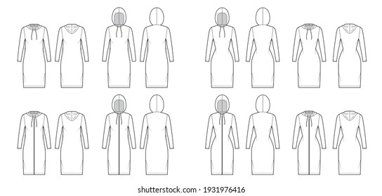 Set Zip  up Hoody dresses technical fashion illustration and long sleeves  knee length  oversized  fitted body  Pencil fullness  Flat template front  back  white color  Women  men unisex CAD mockup