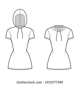 Set Zip  up Hoody dresses technical fashion illustration and short sleeves  mini length  fitted body  Pencil fullness  Flat sweater apparel template front  white color  Women  men unisex CAD mockup