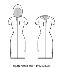 Set Zip  up Hoody dresses technical fashion illustration and short sleeves  knee length  fitted body  Pencil fullness  Flat apparel template front  white color style  Women  men  unisex CAD mockup