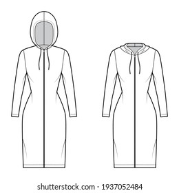 Set Zip  up Hoody dresses technical fashion illustration and long sleeves  knee length  fitted body  Pencil fullness  Flat apparel template front  white color style  Women  men  unisex CAD mockup