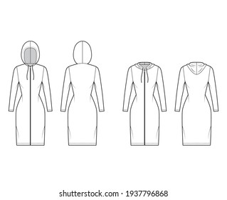 Set Zip  up Hoody dresses technical fashion illustration and long sleeves  knee length  fitted body  Pencil fullness  Flat apparel template front  back  white color  Women  men  unisex CAD mockup