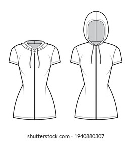 Set Zip  up Hoody dresses technical fashion illustration and short sleeves  mini length  fitted body  Pencil fullness  Flat sweater apparel template front  white color  Women  men unisex CAD mockup