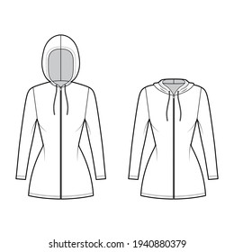 Set Zip  up Hoody dresses technical fashion illustration and long sleeves  mini length  fitted body  Pencil fullness  Flat apparel template front  white color style  Women  men  unisex CAD mockup