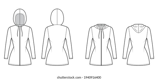 Set Zip  up Hoody dresses technical fashion illustration and long sleeves  mini length  fitted body  Pencil fullness  Flat apparel template front  back  white color  Women  men  unisex CAD mockup
