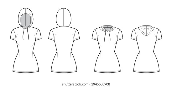Set Zip  up Hoody dresses technical fashion illustration and short sleeves  mini length  fitted body  Pencil fullness  Flat apparel template front  back  white color  Women  men  unisex CAD mockup