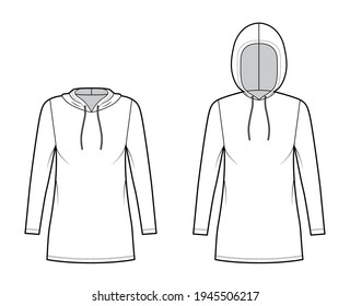 Set de Zip-up Hoody se viste de ilustración técnica de moda con mangas largas, mini longitud, cuerpo sobredimensionado, Lápiz completo. Delantera de la plantilla de prendas planas, color blanco. Mujeres, hombres, maquillaje de CAD unisex