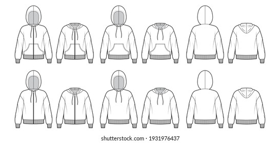 Set of Zip-up Hoody sweatshirt technical fashion illustration with long sleeves, oversized body, kangaroo pouch, knit cuff. Flat template front, back, white color. Women, men, unisex CAD mockup