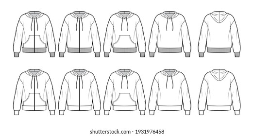 Set of Zip-up Hoody sweatshirt technical fashion illustration with long sleeves, oversized body, kangaroo pouch, knit cuff. Flat template front, back, white color. Women, men, unisex CAD mockup