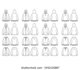 Set of Zip-up Hoody sweatshirt technical fashion illustration with long sleeves, oversized body, kangaroo pouch, knit cuff, banded hem. Flat template front, back, white color. Women, men, unisex CAD