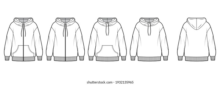 Set of Zip-up Hoody sweatshirt technical fashion illustration with long sleeves, oversized body, pouch, knit rib cuff. Flat extra large template front, back, white color. Women, men, unisex CAD mockup