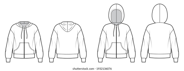 Set of Zip-up Hoody sweatshirt technical fashion illustration with long sleeves, oversized body, kangaroo pouch, banded. Flat apparel template front, back, white color. Women, men, unisex CAD mockup