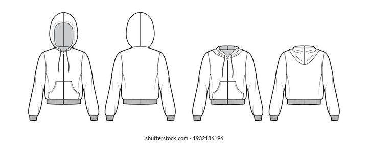 Set of Zip-up Hoody sweatshirt technical fashion illustration with long sleeves, relax body, kangaroo pouch, knit rib cuff, banded hem. Flat template front, back, white color. Women, men CAD mockup
