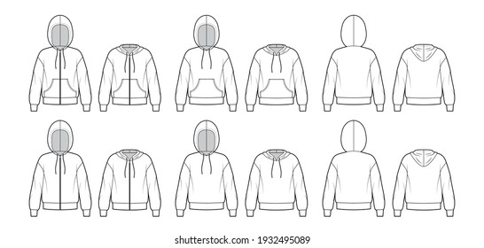 Set of Zip-up Hoody sweatshirt technical fashion illustration with long sleeves, oversized body, kangaroo pouch, banded hem. Flat apparel template front, back, white color. Women men unisex CAD mockup
