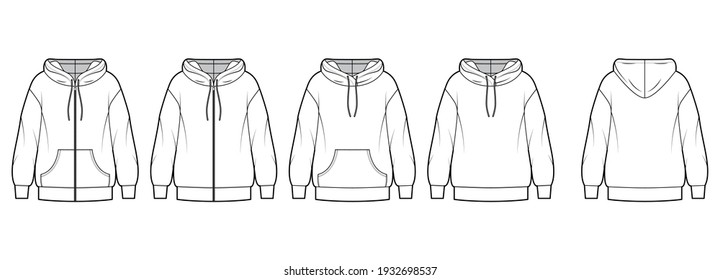 Set of Zip-up Hoody sweatshirt technical fashion illustration with long sleeves, oversized body, kangaroo pouch, banded hem. Flat extra large template front, back, white color. Women, men CAD mockup