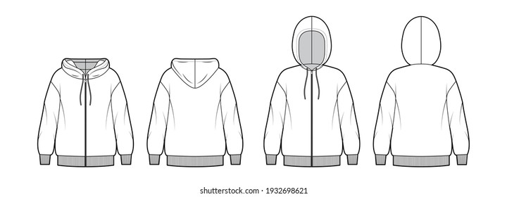 Set of Zip-up Hoody sweatshirt technical fashion illustration with long sleeves, oversized body, knit rib cuff, banded hem. Flat apparel template front, back, white color. Women, men unisex CAD mockup