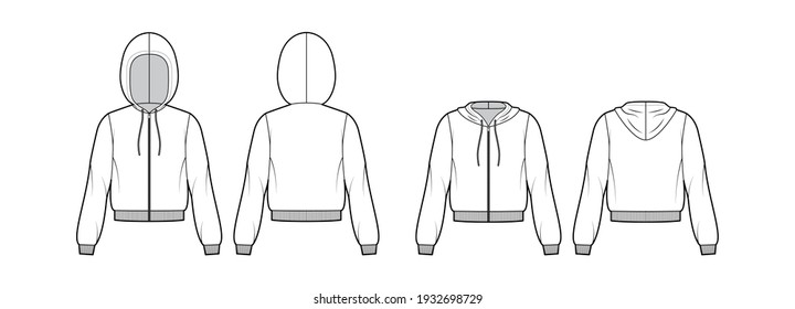 Set of Zip-up Hoody sweatshirt technical fashion illustration with long sleeves, relax body, knit rib cuff, banded. Flat apparel template front, back, white color. Women, men, unisex CAD mockup