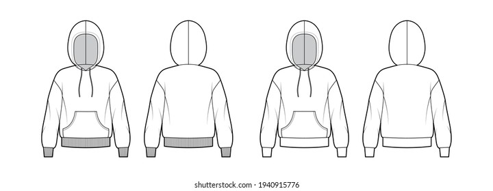 Set of Zip-up Hoody sweatshirt technical fashion illustration with long sleeves, oversized body, kangaroo pouch, knit rib cuff, banded hem. Flat front, back, white color. Women, men, unisex CAD mockup