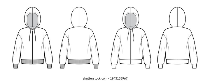 Conjunto de la ilustración técnica de la moda de la sudadera Hoody del Zip-up con mangas largas, cuerpo sobredimensionado, esposas de costillas de punto, golpeadas. Plantilla de ropa plana frontal, posterior, color blanco. Mujeres, hombres unisex CAD mockup