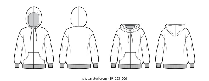 Set of Zip-up Hoody sweatshirt technical fashion illustration with long sleeves, oversized body, kangaroo pouch, knit rib cuff. Flat template front, back, white color. Women, men, unisex CAD mockup