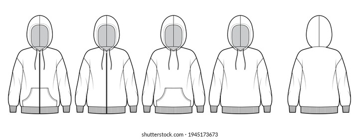 Set of Zip-up Hoody sweatshirt technical fashion illustration with long sleeves, oversized body, kangaroo pouch, knit rib cuff. Flat template front, back, white color. Women, men, unisex CAD mockup