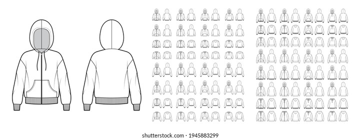 Set of Zip-up Hoody sweatshirt technical fashion illustration with long sleeves, oversized body, kangaroo pouch, knit cuff, banded hem. Flat template front, back, white color. Women, men, unisex CAD