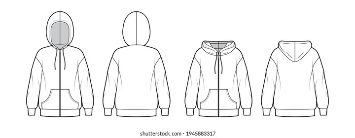Set of Zip-up Hoody sweatshirt technical fashion illustration with long sleeves, oversized body, kangaroo pouch, banded hem. Flat extra large template front, back, white color. Women, men, unisex CAD