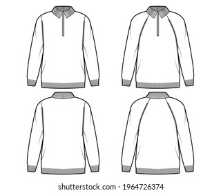 Set of Zip-up Sweaters technical fashion illustration with rib henley neck, classic collar, long raglan sleeves, oversized, knit trim. Flat apparel front, back, white color. Women, unisex CAD mockup