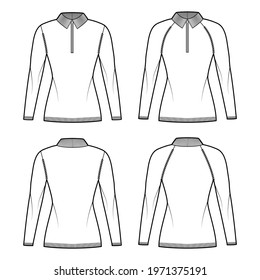 Set of Zip-up Sweaters technical fashion illustration with rib henley neck, classic collar, long raglan sleeves, fitted body, knit trim. Flat apparel front, back, white color. Women, unisex CAD mockup