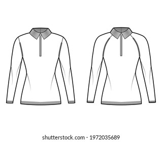 Set of Zip-up Sweaters technical fashion illustration with rib henley neck, classic collar, long raglan sleeves, fitted body, knit trim. Flat apparel front, white color. Women, men, unisex CAD mockup