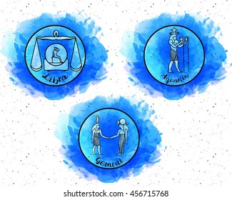 Set of Zodiac air element signs.Watercolor texture astrology and horoscope icon. Symbols of Ancient Egypt. Suitable for tattoo and colorings. libra, aquarius, gemini