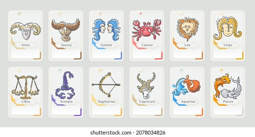 Set of zodiac astrology horoscope card. Vector illustration of constellations signs for divination