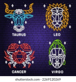Set of zodiac astrology horoscope neon sign leo, virgo, cancer linear design. Vector illustration. Elegant line art symbol or icon of leo, virgo, cancer, taurus esoteric zodiacal horoscope templates