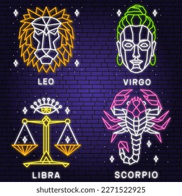 Set of zodiac astrology horoscope neon sign leo, virgo, libra, scorpio linear design. Vector illustration. Elegant line art symbol or icon of leo, virgo, libra, scorpio esoteric zodiacal horoscope