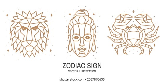 Set of zodiac astrology horoscope sign leo, virgo, cancer linear design. Vector illustration. Elegant line art symbol or icon of leo, virgo, cancer esoteric zodiacal horoscope templates for logo or