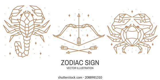 Conjunto de astrología zodiaca horoscopio signo escorpio, sagitario, diseño lineal canceroso. Ilustración vectorial. Símbolo artístico de línea elegante o icono del escorpio, sagittarius, horóscopo zodiacal esotérico del cáncer