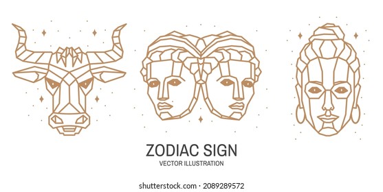 Set of zodiac astrology horoscope sign taurus, gemini, virgo linear design. Vector illustration. Elegant line art symbol or icon of taurus, gemini, virgo esoteric zodiacal horoscope templates for logo