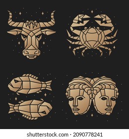 Set of zodiac astrology horoscope sign taurus, gemini, pisces, cancer design. Vector illustration. Elegant symbol or icon of taurus, gemini, pisces, cancer esoteric zodiacal horoscope templates for