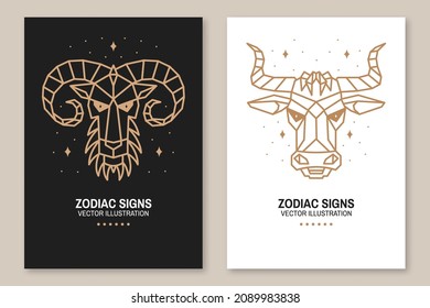Set of Zodiac astrology horoscope signs aries and taurus flyer, brochure, banner, poster. Vector illustration. Elegant line art symbol or icon of aries, taurus esoteric zodiacal horoscope templates
